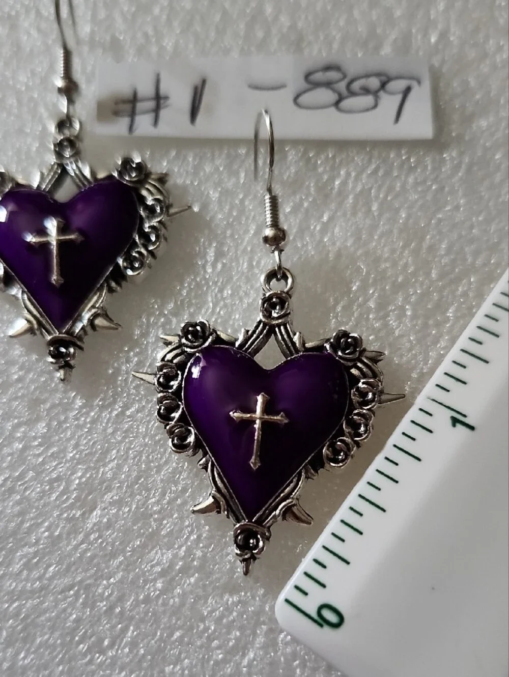 Hand Crafted Purple Heart Cross Earrings